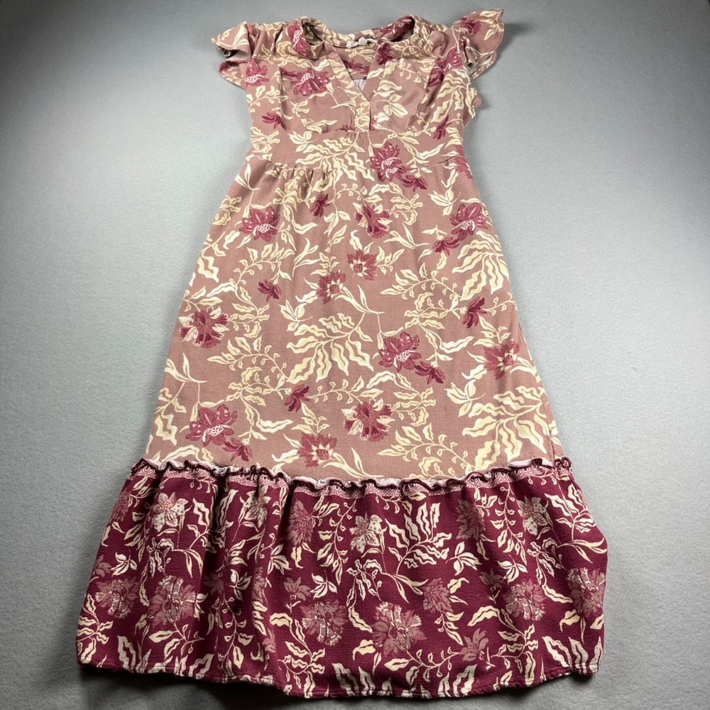 Lucky Brand Floral Midi Dress Womens Medium Pink Burgundy Boho Flutter Sleeve